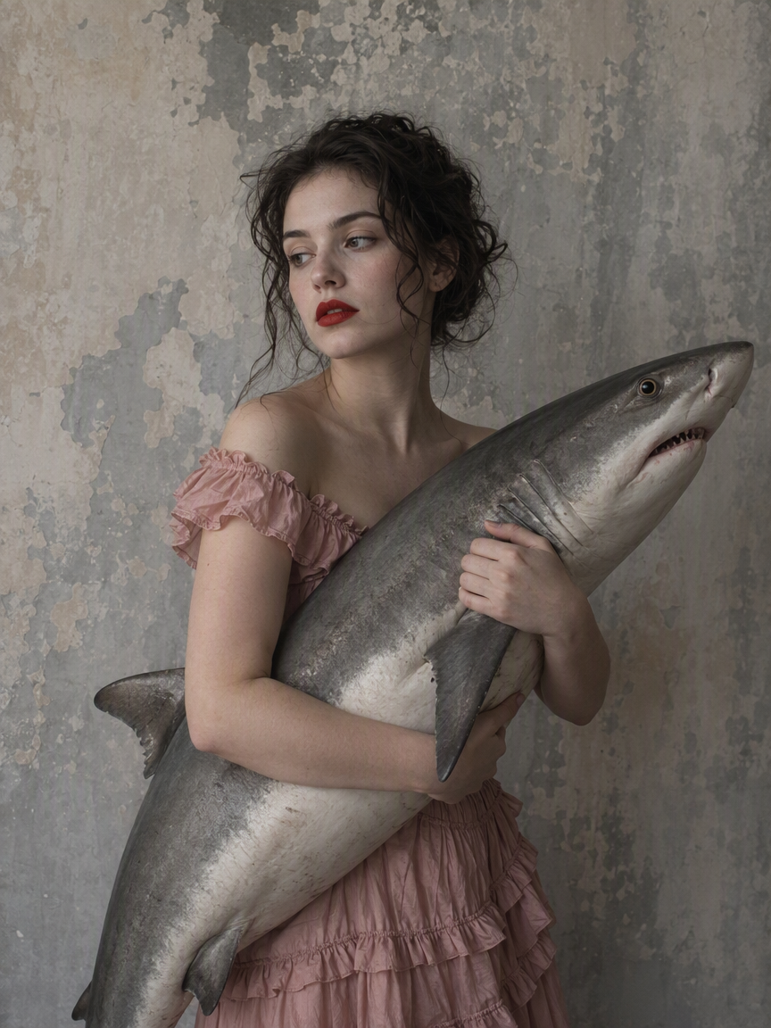 Young woman in pink ruffled dress gently holds a large grey shark against a weathered peeling plaster wall.