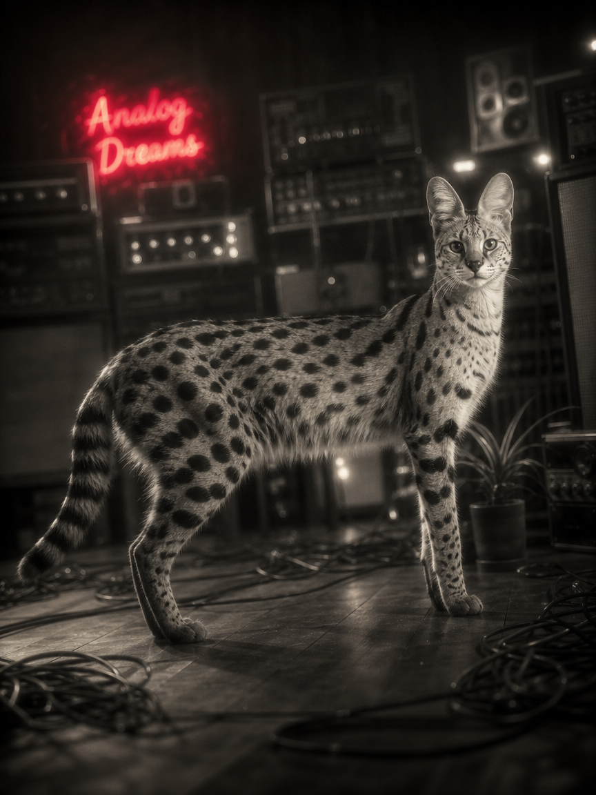 [Spotted serval cat stands in a vintage analog recording studio, with a glowing red "Analog Dreams" neon sign in the backg...