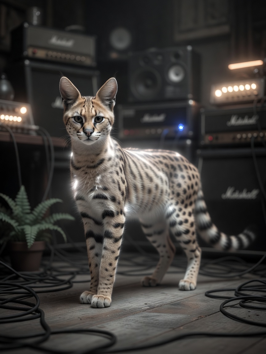 Spotted tawny serval cat standing center frame in a dim home recording studio surrounded by stacked guitar amplifiers and ...