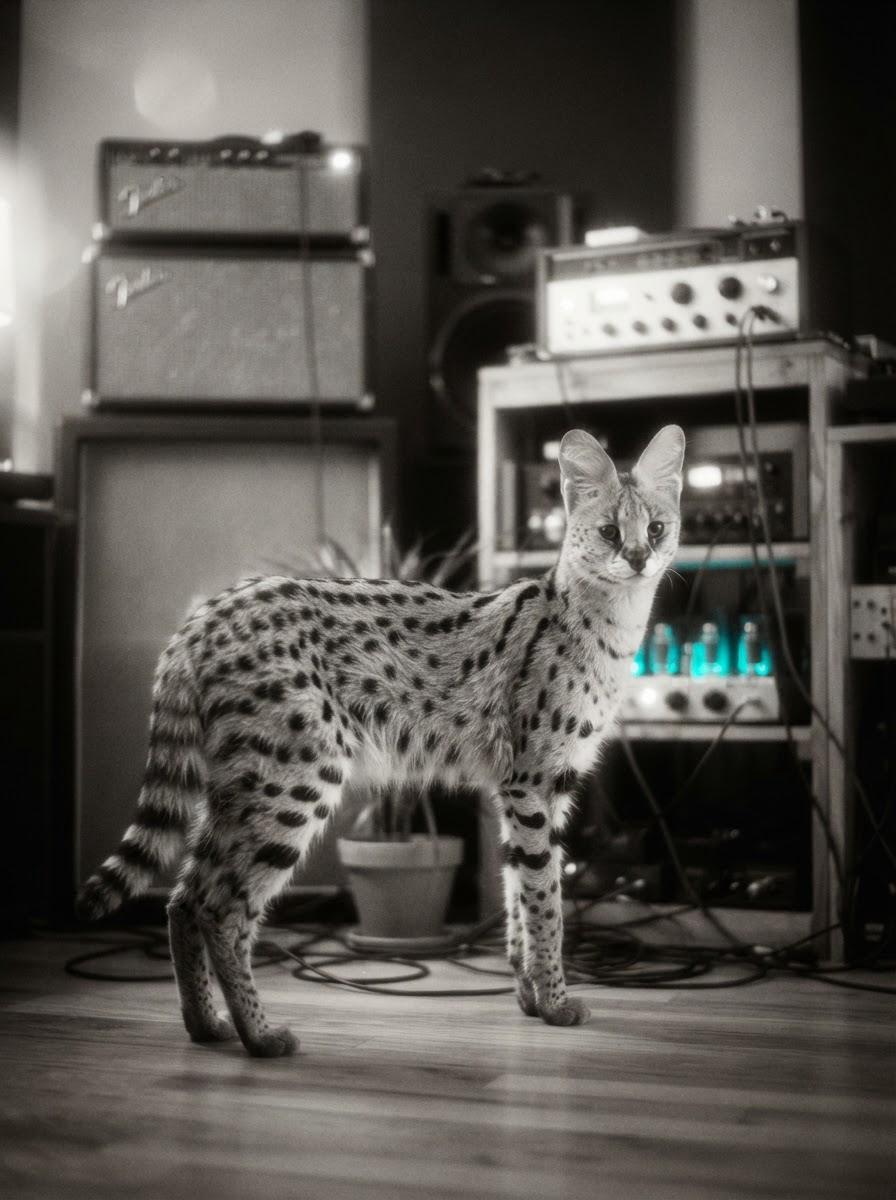 Black and white photo of an alert spotted serval cat standing on a wooden floor in a home music studio with vintage audio ...
