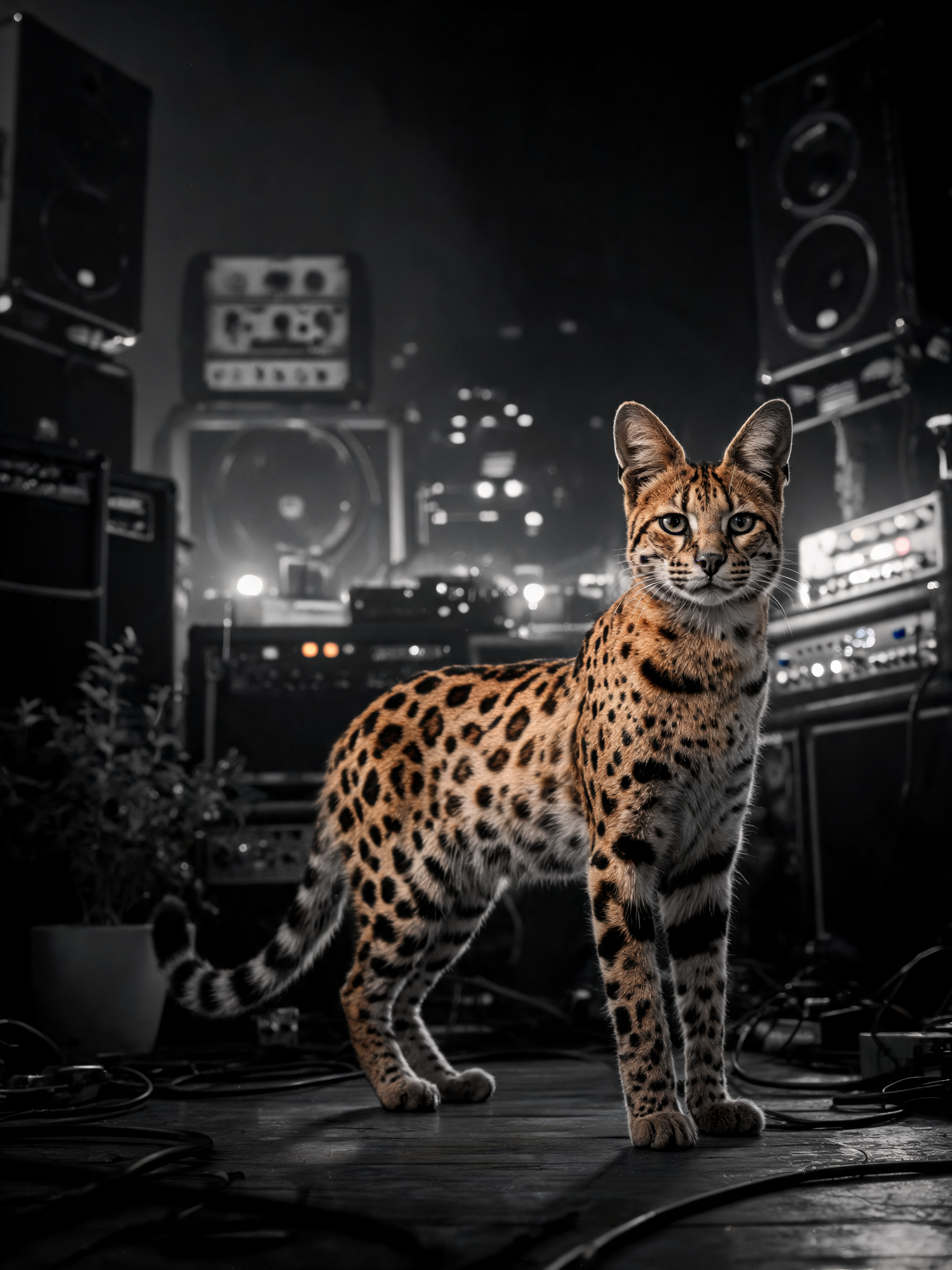 [Alert spotted serval cat stands center stage, only its warm spotted fur in color against a monochrome background of vinta...