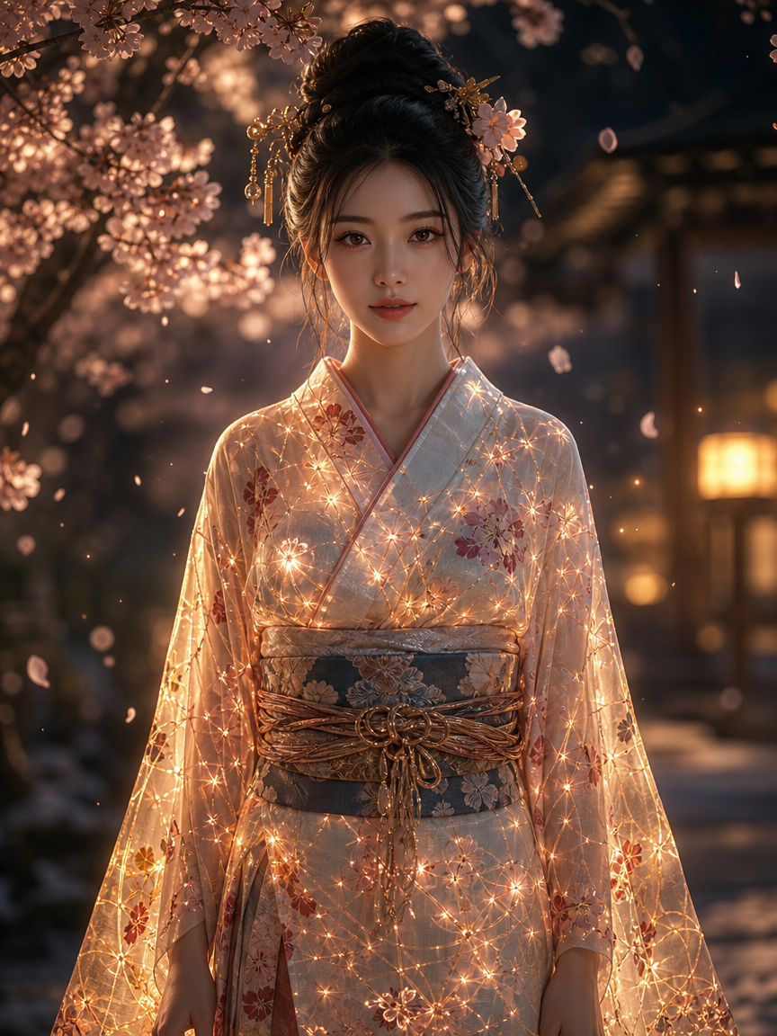 [Graceful young woman in glowing floral kimono stands beneath falling cherry blossoms at twilight, warm soft ambient light...