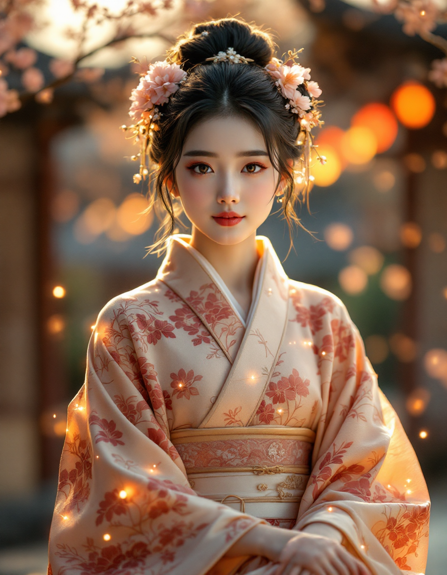 Young East Asian woman in floral kimono with cherry blossom hair ornaments, soft golden hour lantern bokeh background