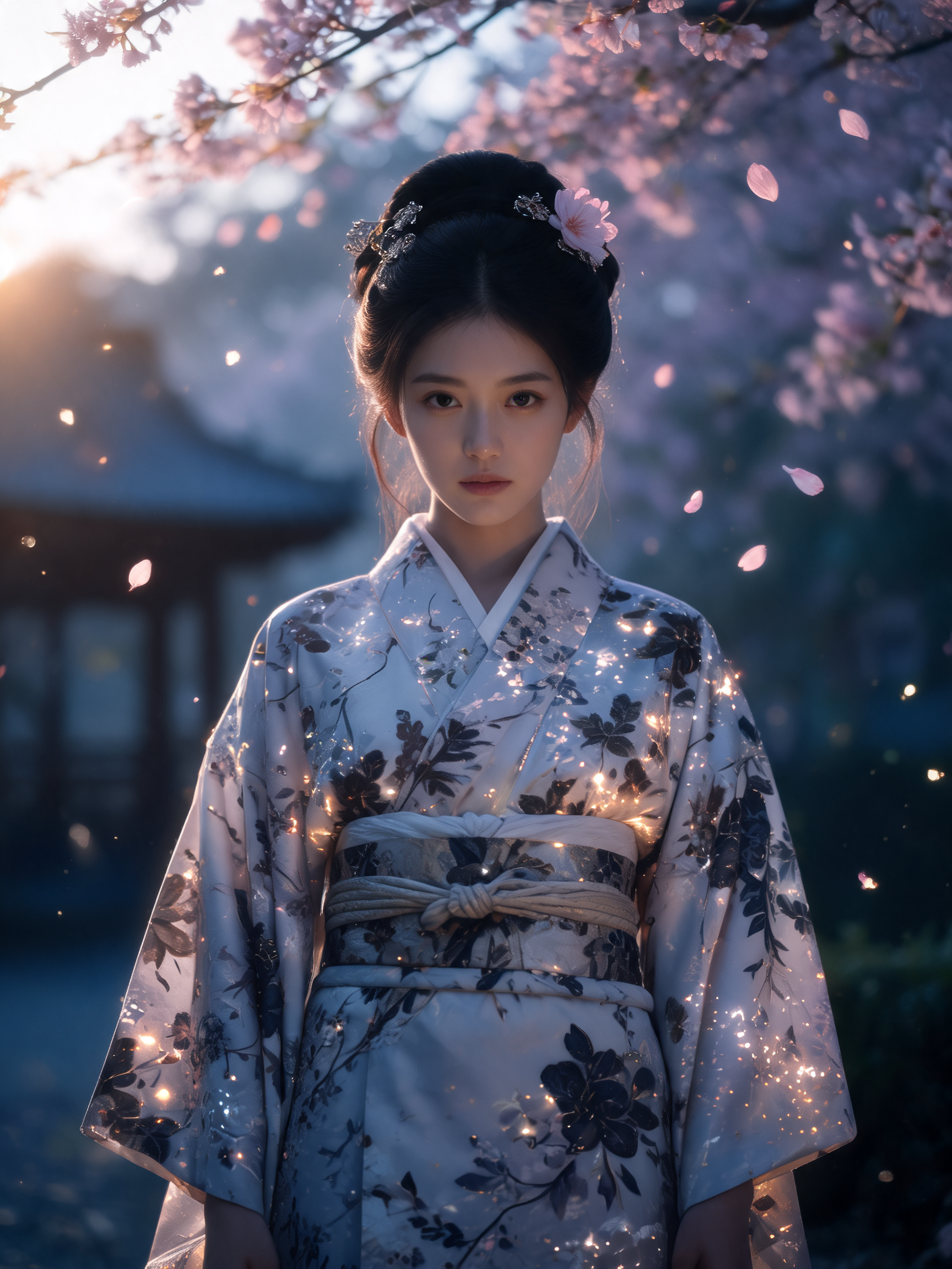 Portrait of a young woman in a floral kimono standing under cherry blossoms, drifting sakura petals and glowing dusk light...