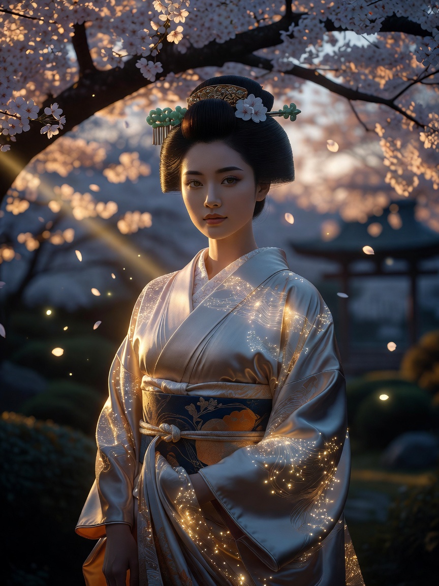 [Elegant geisha in glowing silk kimono stands beneath blooming cherry blossoms at golden twilight, as sakura petals float ...