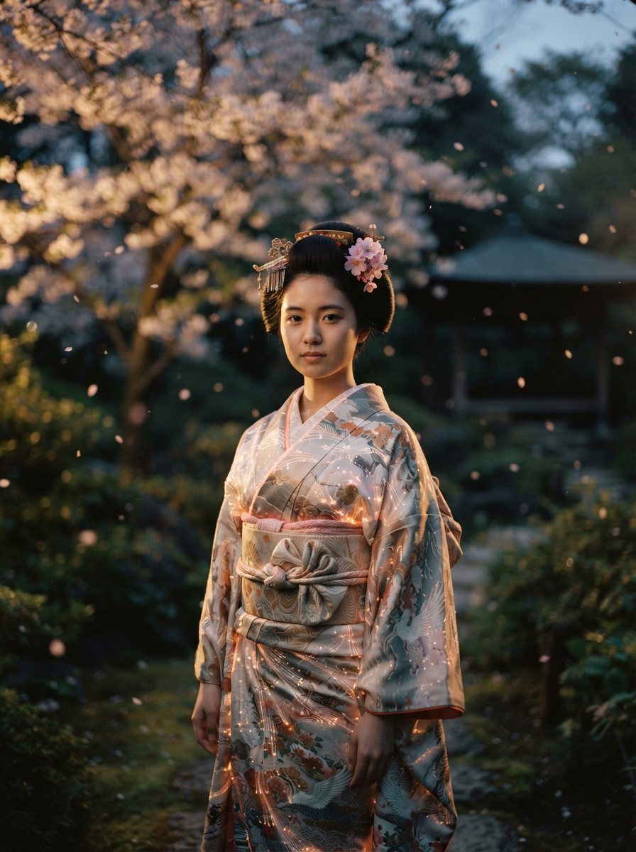 [Young woman in a traditional embroidered kimono stands in a twilight Japanese garden surrounded by blooming cherry blosso...