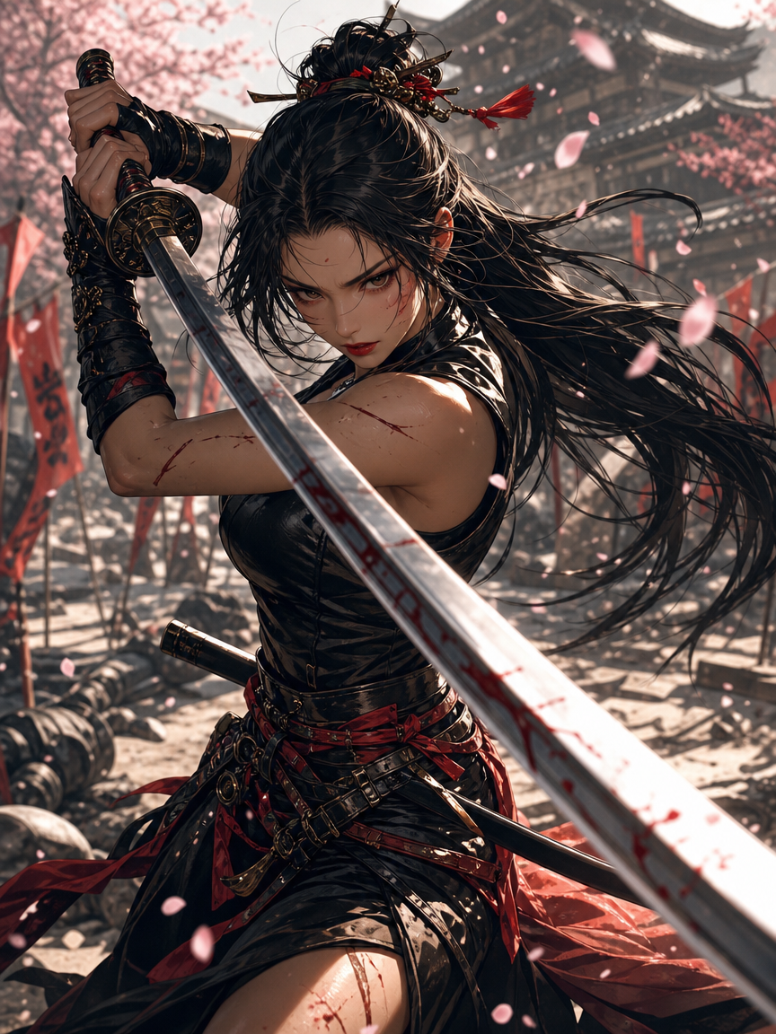 Fierce female samurai holds a bloodied katana in combat stance, falling cherry blossoms drift over a war-torn Japanese vil...