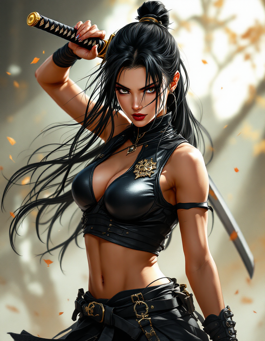 Fierce female samurai warrior holding a katana, posed ready for battle in a sunlit autumn forest