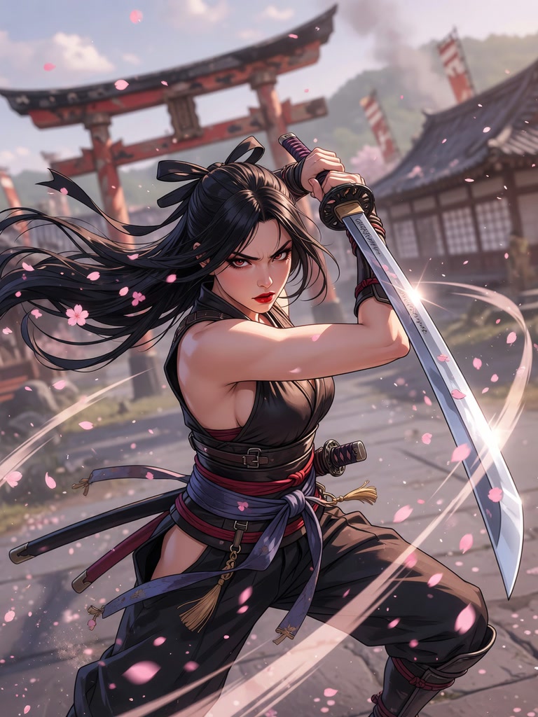 Anime female samurai in battle stance holding a katana, falling cherry blossoms, traditional Japanese torii gate backdrop