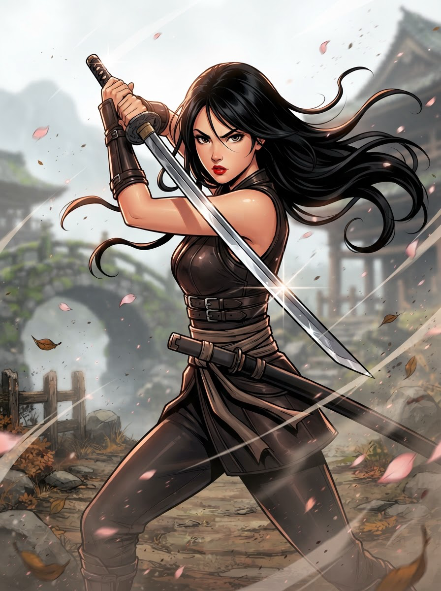 [Fierce anime female samurai in battle stance holding a glinting drawn katana, misty Japanese temple backdrop with falling...