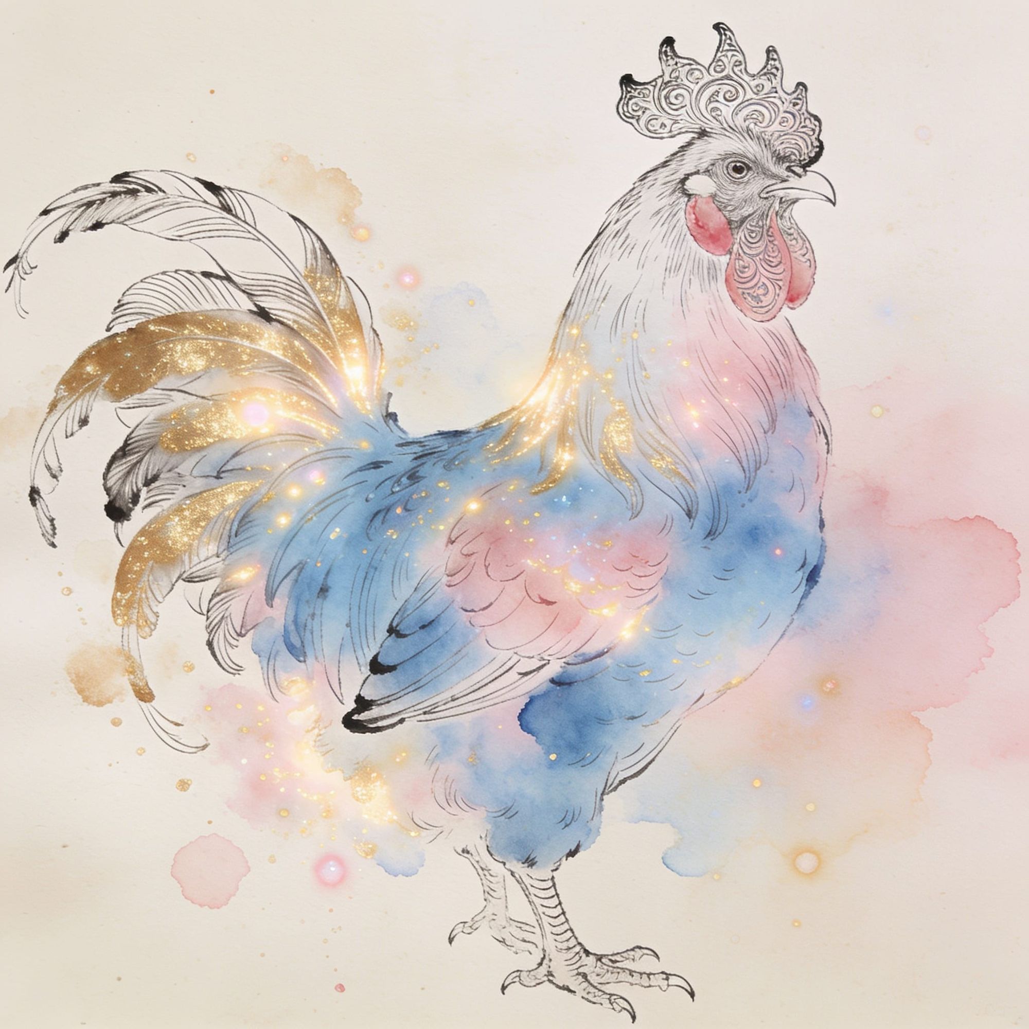 Watercolor illustration of a regal crowned fantasy rooster with pastel blue-pink plumage and shimmering gold glitter accents.