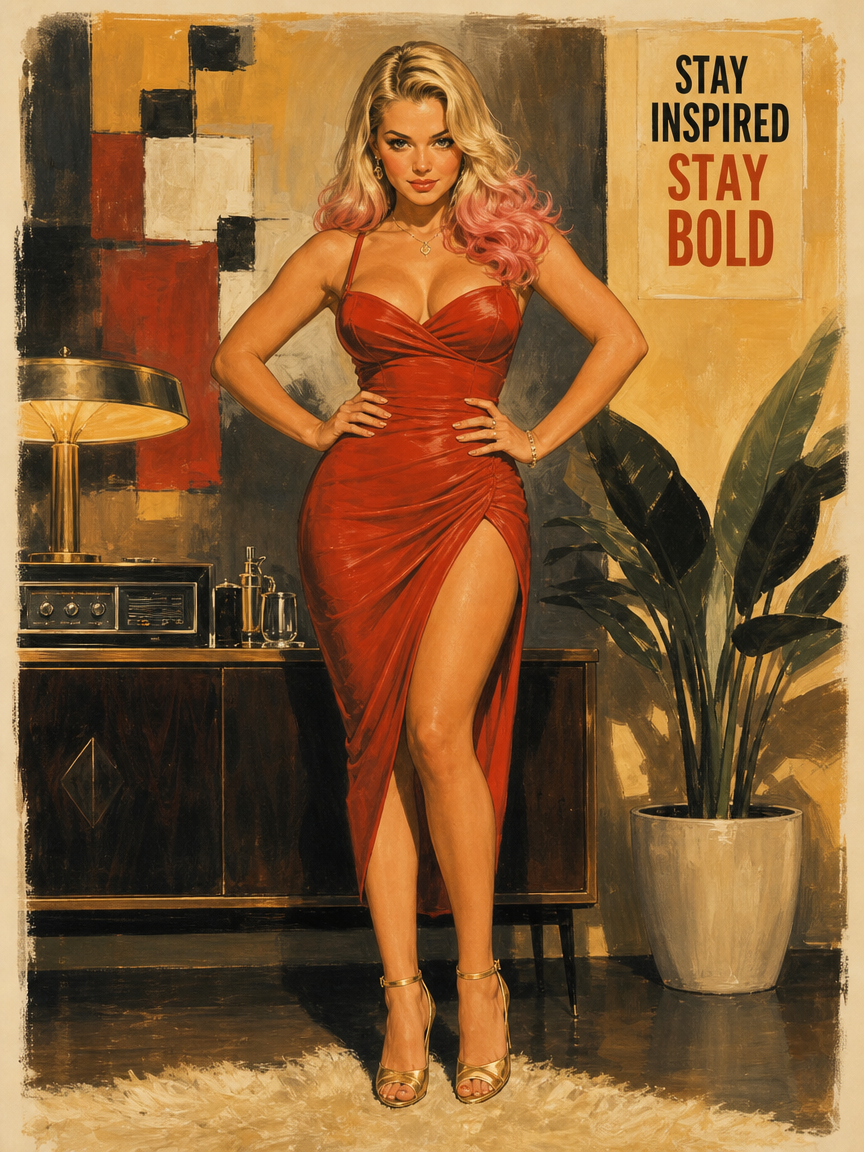Retro pinup illustration of confident woman in red gown, next to "Stay Inspired Stay Bold" motivational wall art