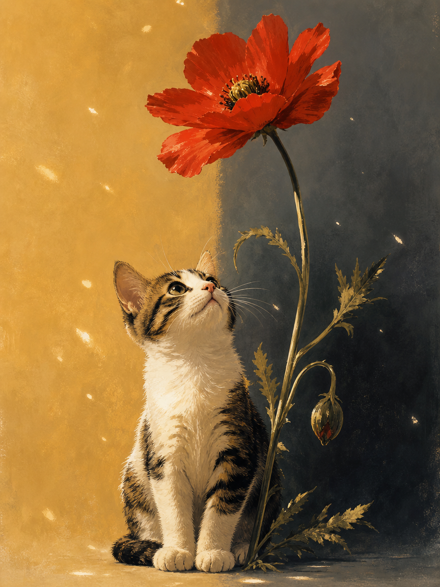 [Tabby and white kitten sitting upright, gazing up at a tall vibrant red poppy against a split golden and dark gray painte...