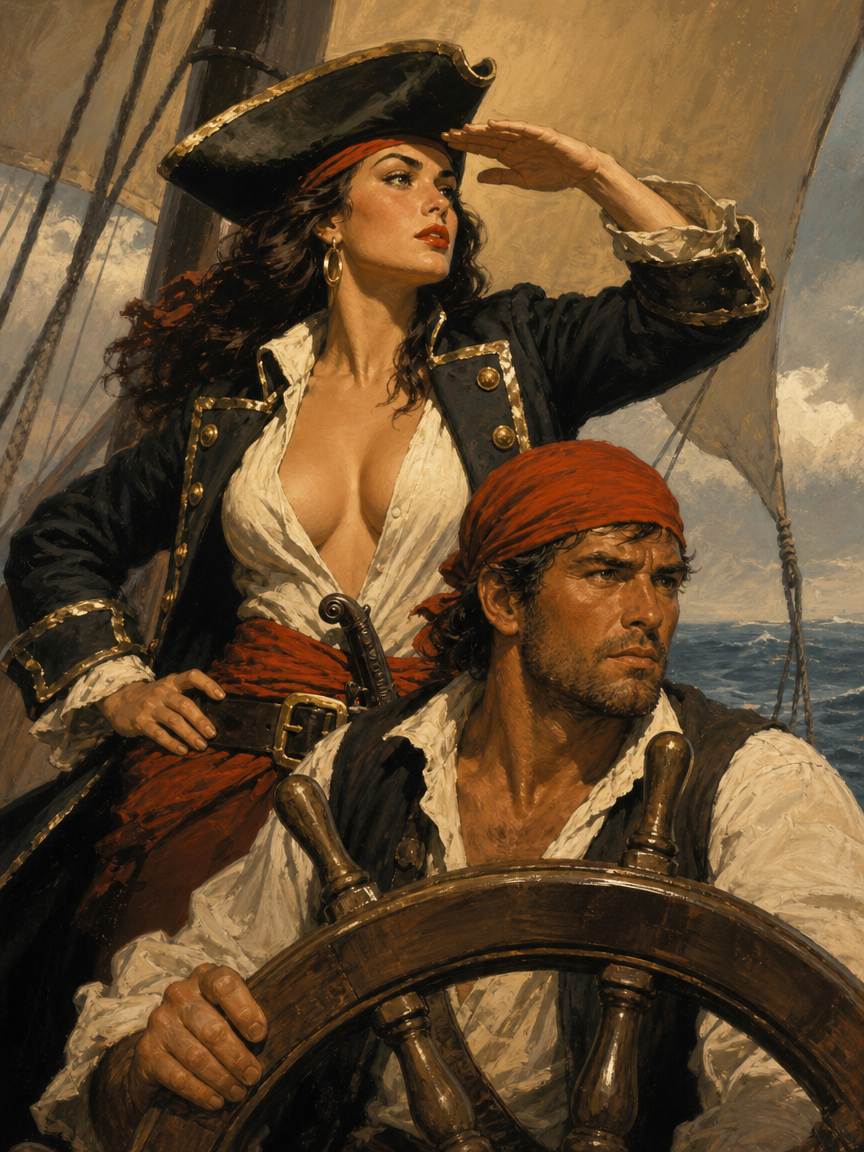 Vintage oil painting of a pirate couple on a tall ship: man steers the helm, female captain in a tricorn hat scans the oce...