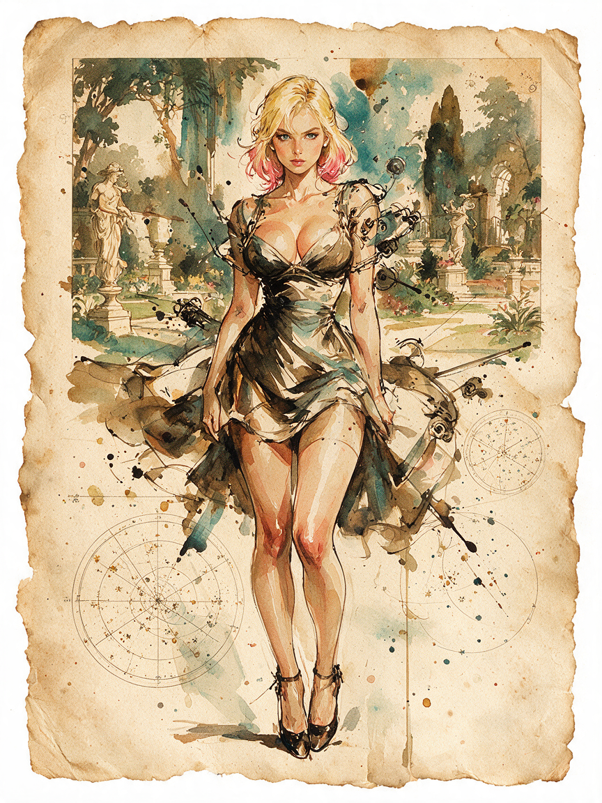 Watercolor portrait of blonde woman with pink hair tips, drawn on torn aged parchment with classical garden backdrop