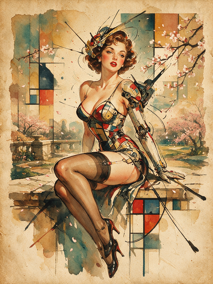 Vintage watercolor retro-futurist pinup woman with cybernetic arm, geometric corset, seated in cherry blossom garden