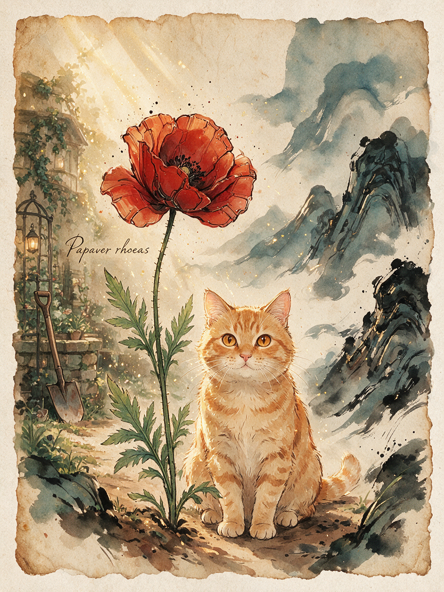 [Watercolor illustration of orange tabby cat beside a large red poppy, on vintage torn parchment with cottage and mountain...