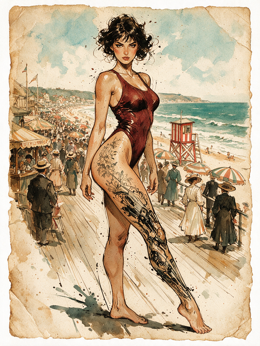 [Watercolor illustration of a confident woman with a cybernetic prosthetic leg standing on a vintage Edwardian beach board...