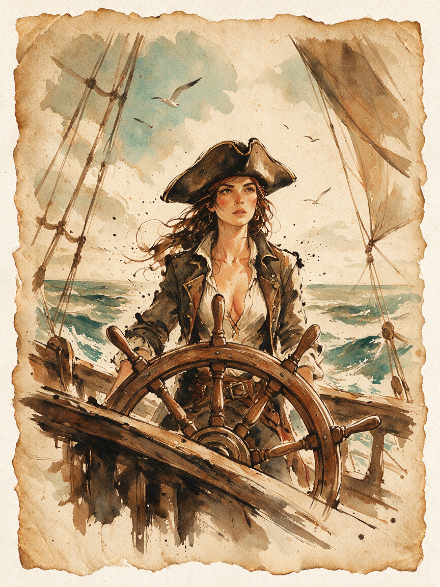 [Watercolor illustration of a female pirate captain steering a ship's wheel, framed by torn aged parchment with open ocean...