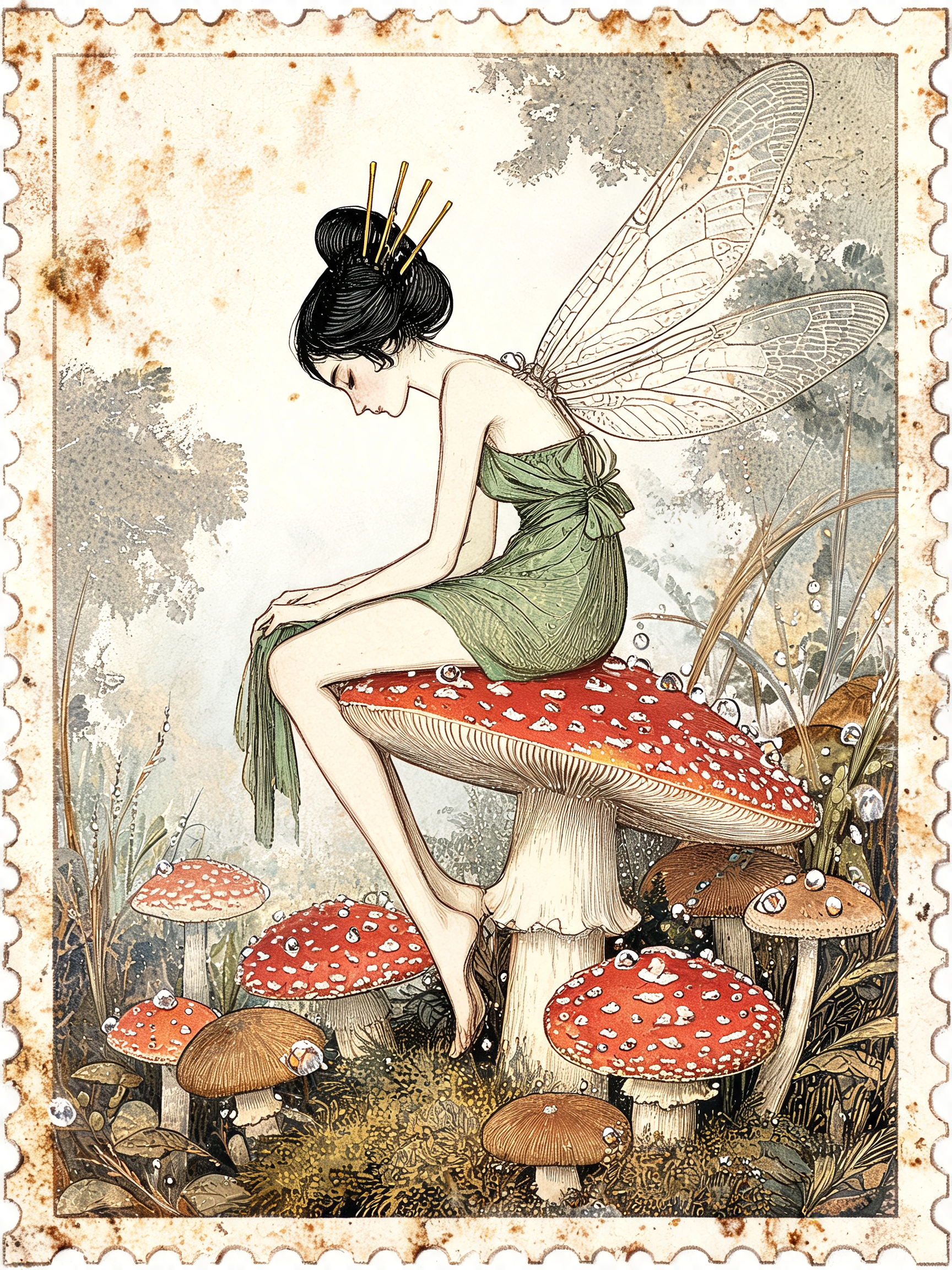 Vintage postage stamp style illustration of a winged fairy sitting on a red fly agaric mushroom in a dewy forest.