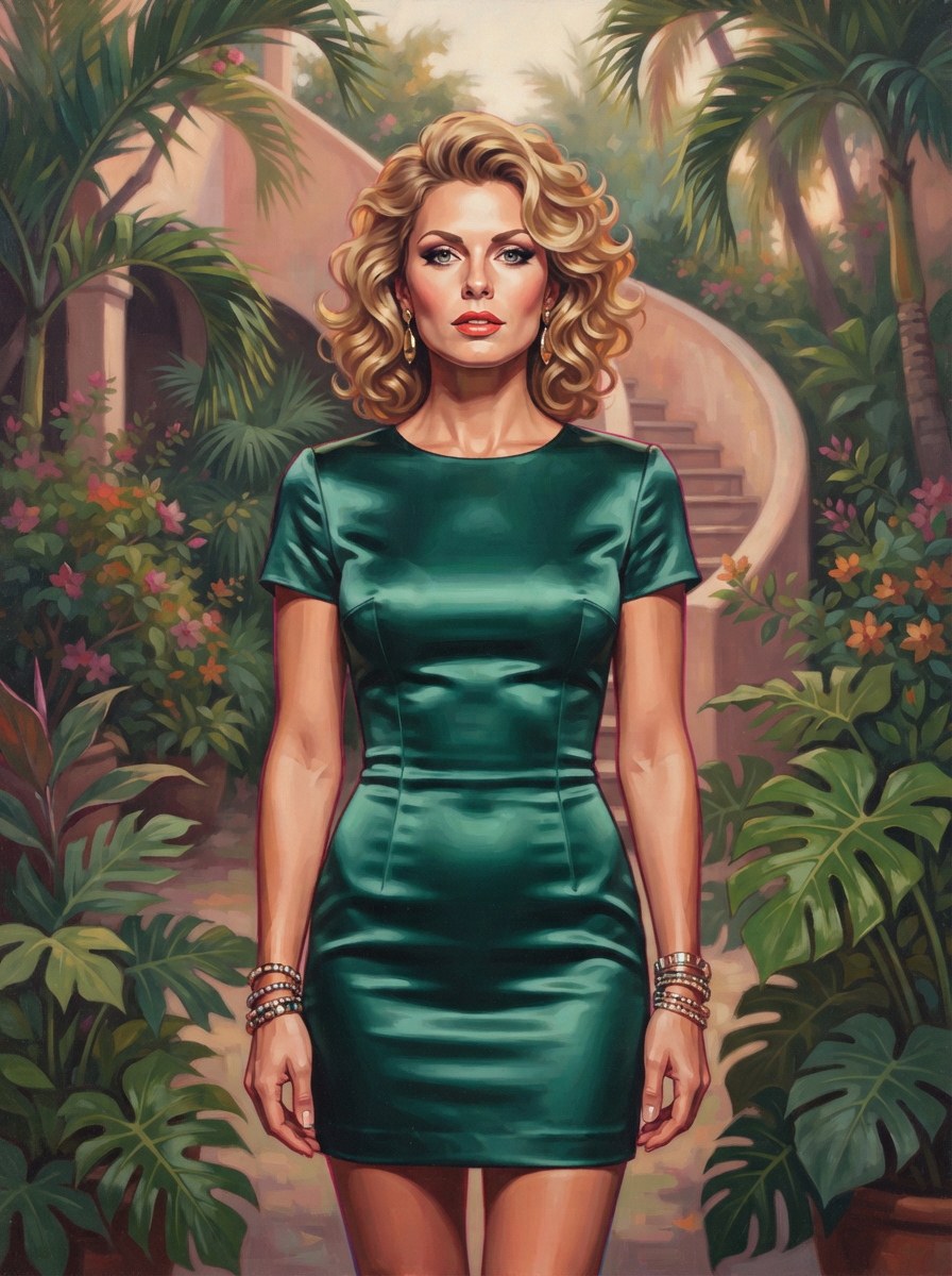Glamorous blonde woman in emerald satin mini dress standing in a lush tropical villa garden, painterly portrait