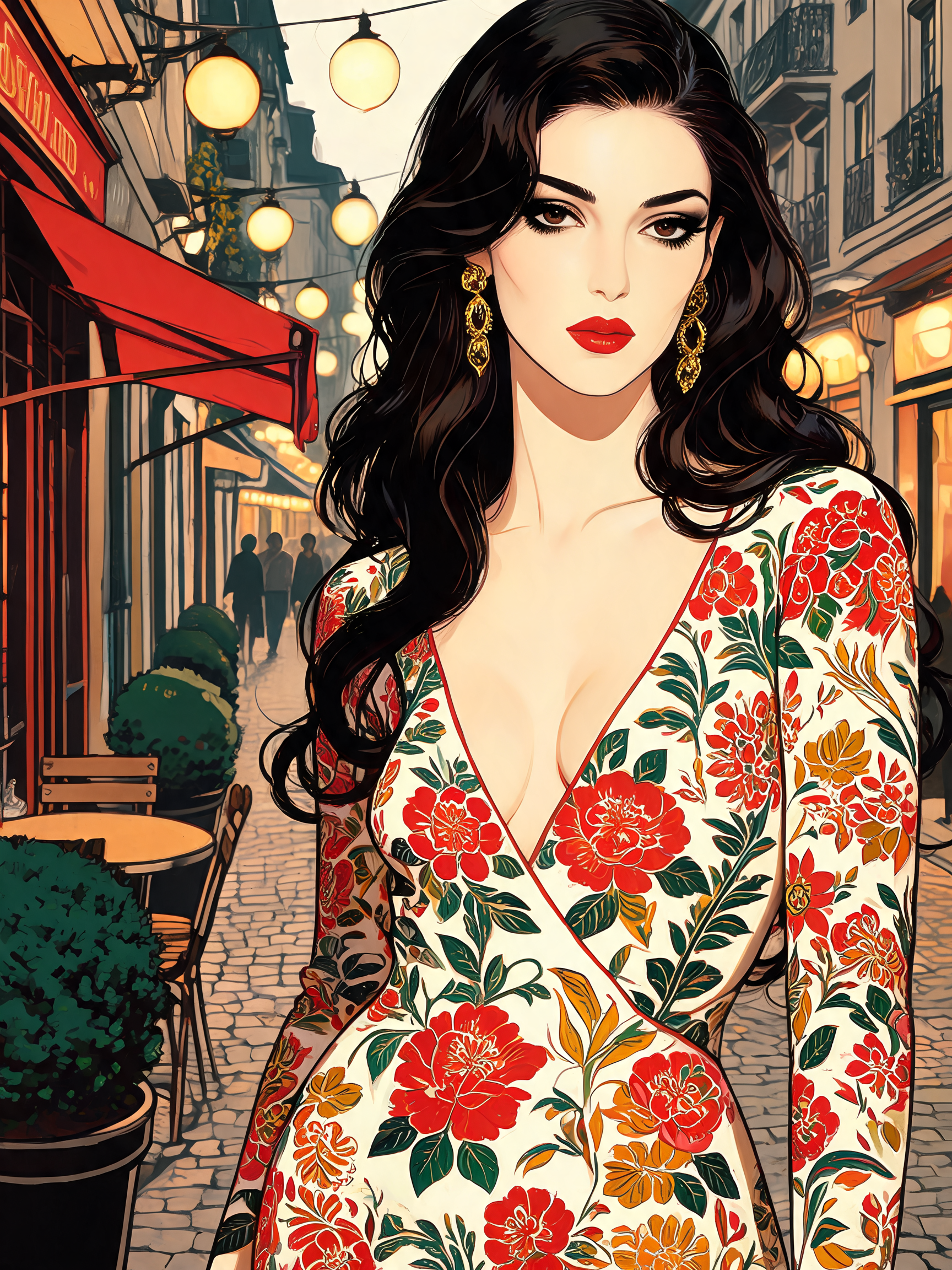 [Glamorous dark-haired woman in a bold floral dress stands on a cozy lit European cobblestone street, retro illustration s...