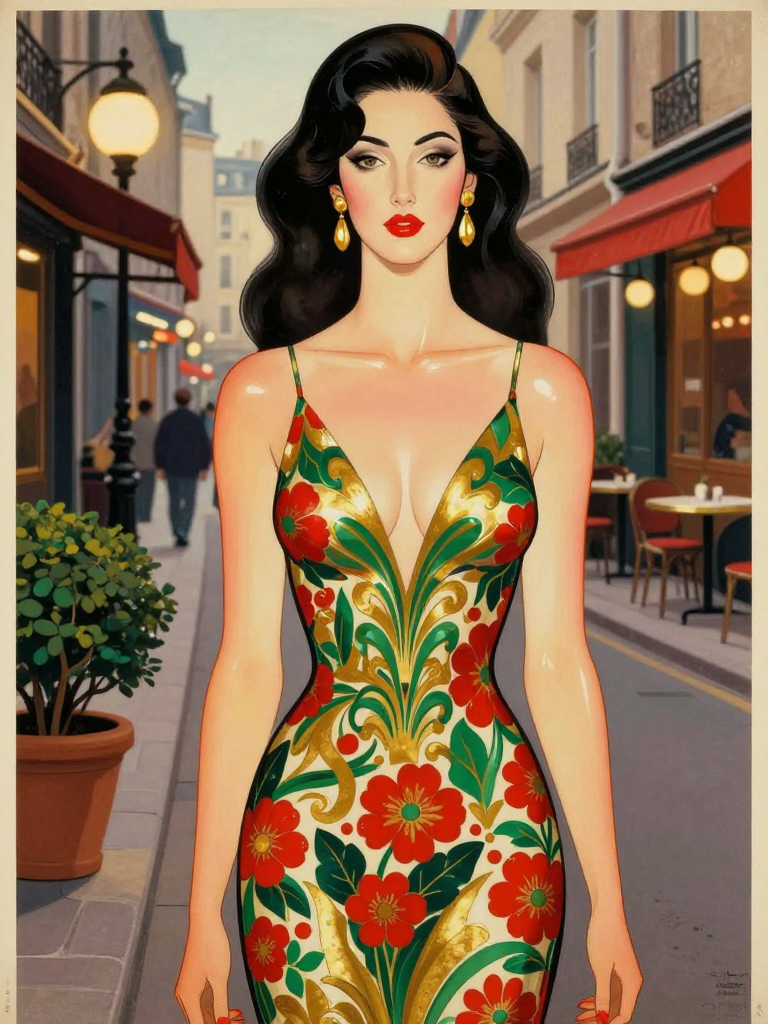 Retro illustration of a glamorous woman in a bold floral gown standing on a Parisian sidewalk lined with outdoor cafes
