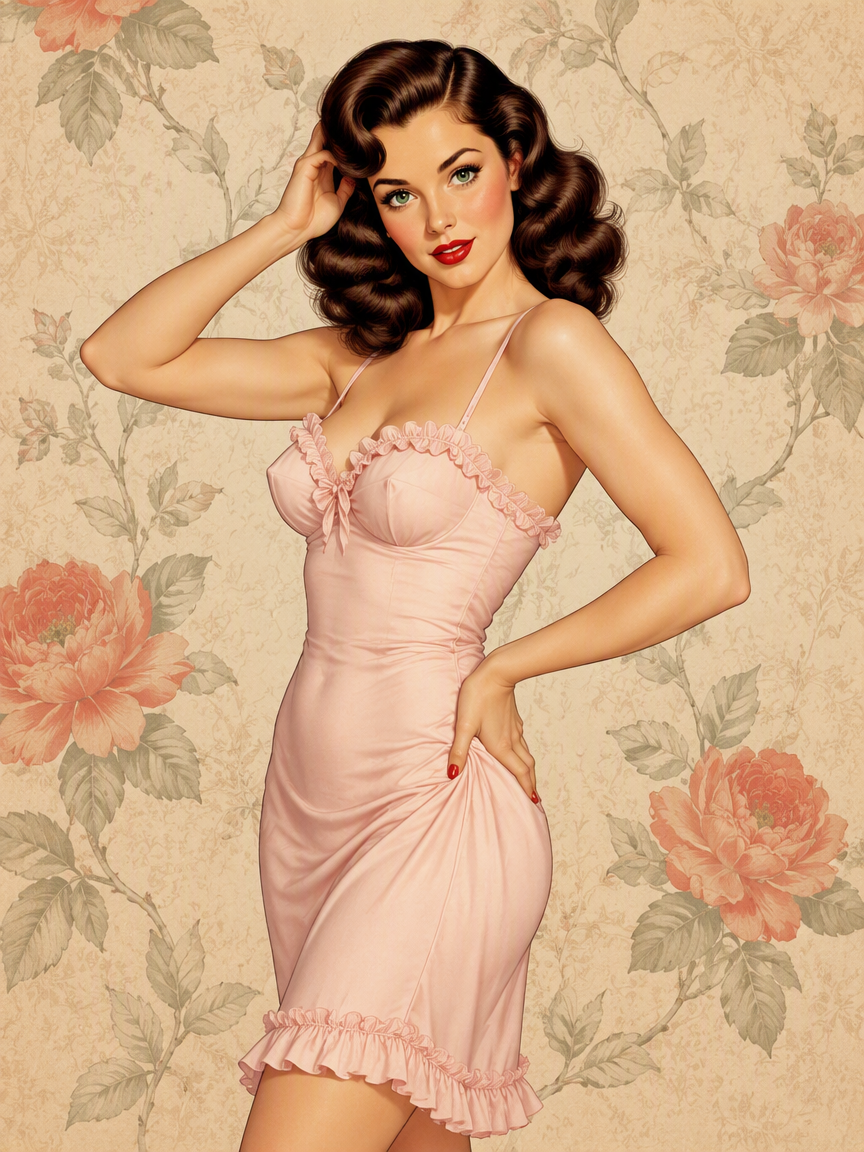 Vintage 1950s pin-up illustration of a glamorous woman in a ruffled pink slip, posed against floral peony wallpaper.