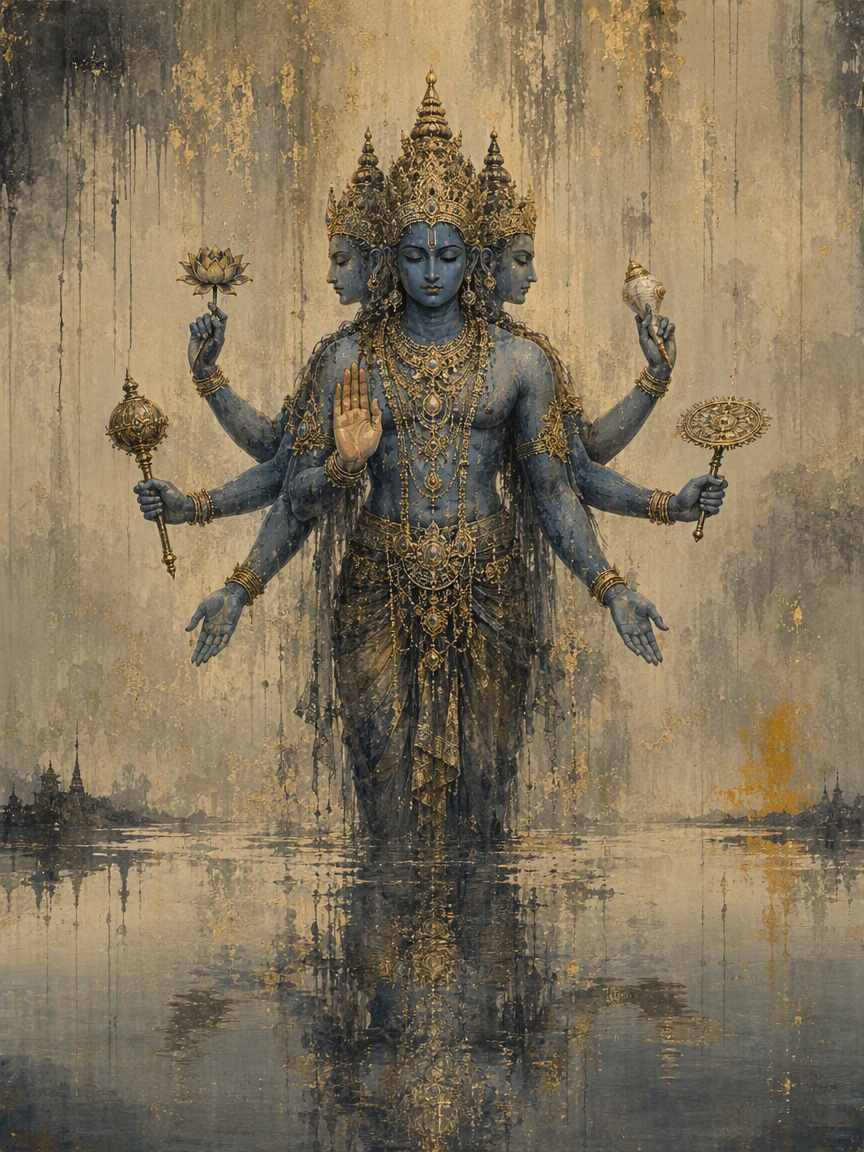 [Fine art depiction of multi-headed eight-armed blue Hindu deity Vishnu with golden regalia standing in still reflective w...
