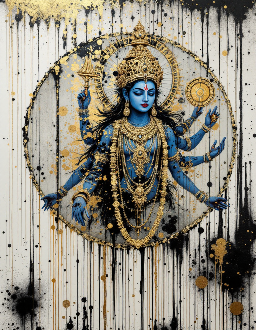 [Modern painted depiction of multi-armed blue Hindu deity Vishnu with elaborate gold regalia, set against a dripped black ...