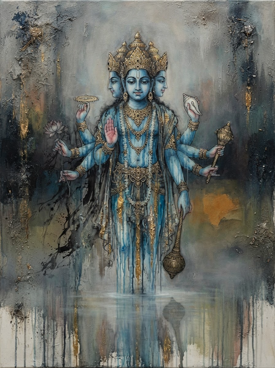 Textured devotional painting of three-faced multi-armed Hindu deity Vishnu holding divine symbols above still reflective w...