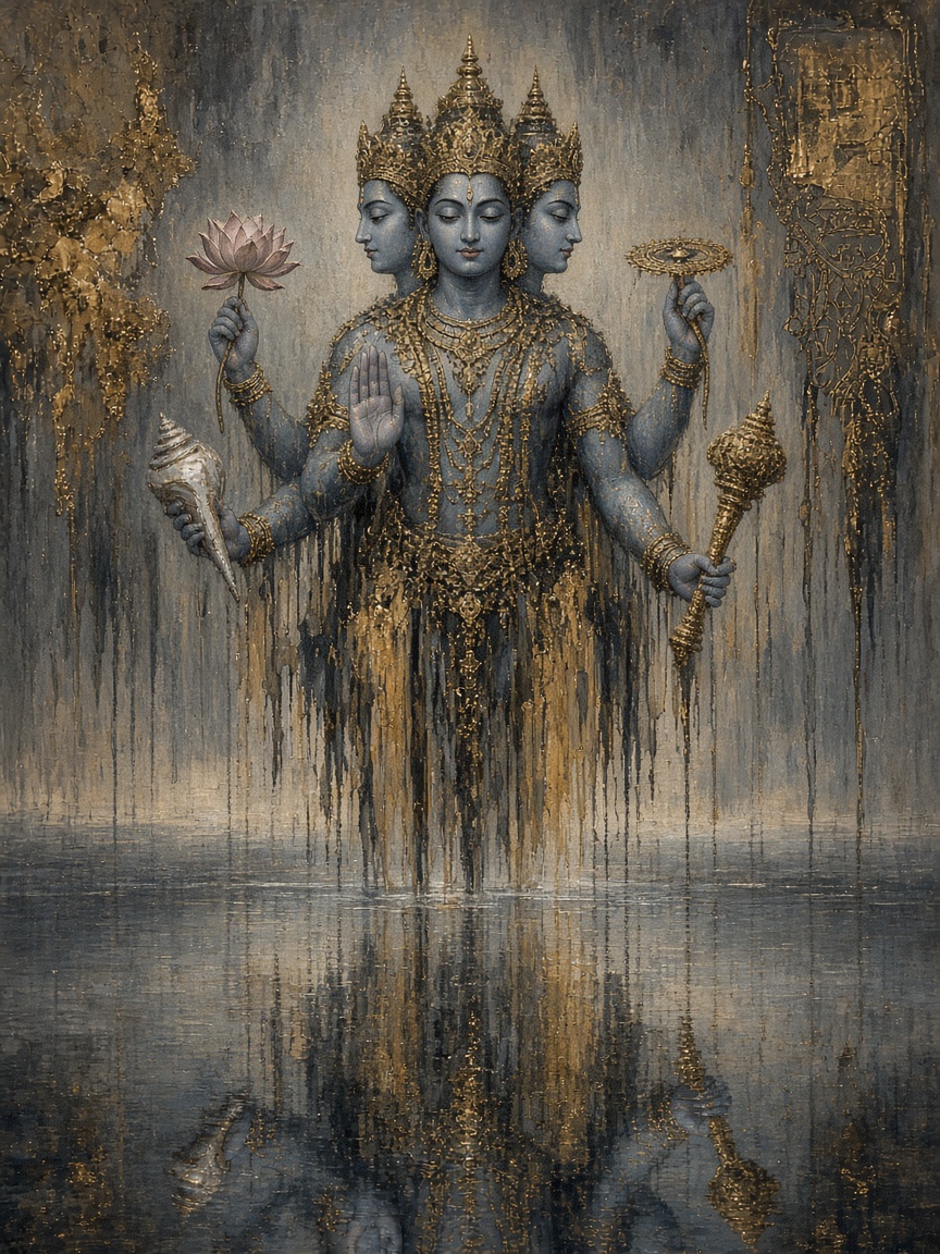 [Textured painting of multi-headed Hindu god Vishnu with blue skin, gold regalia, standing in reflective water holding sac...