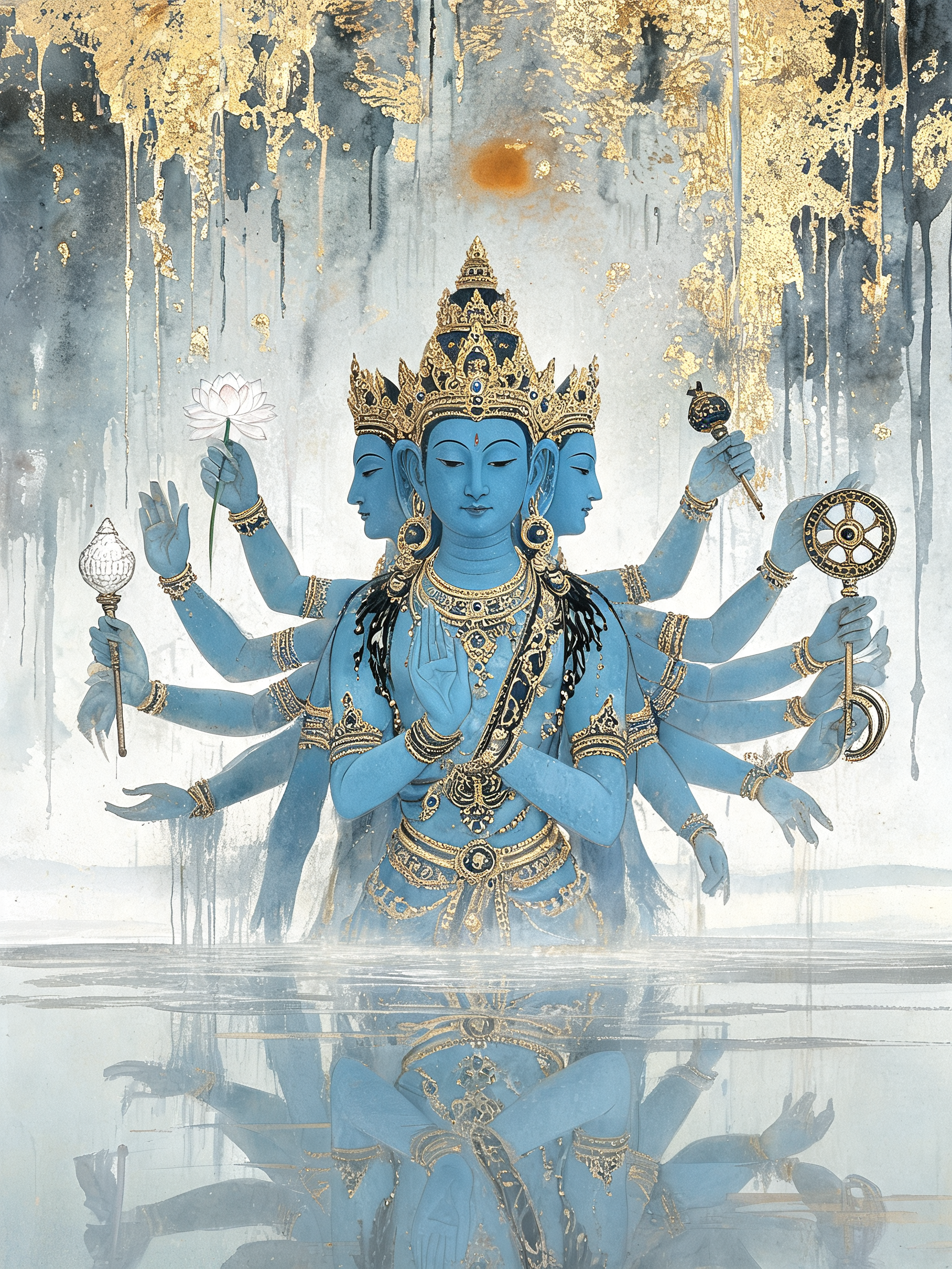 Three-faced multi-armed blue Hindu deity with gilded regalia, rising from reflective water, abstract gold drip watercolor ...