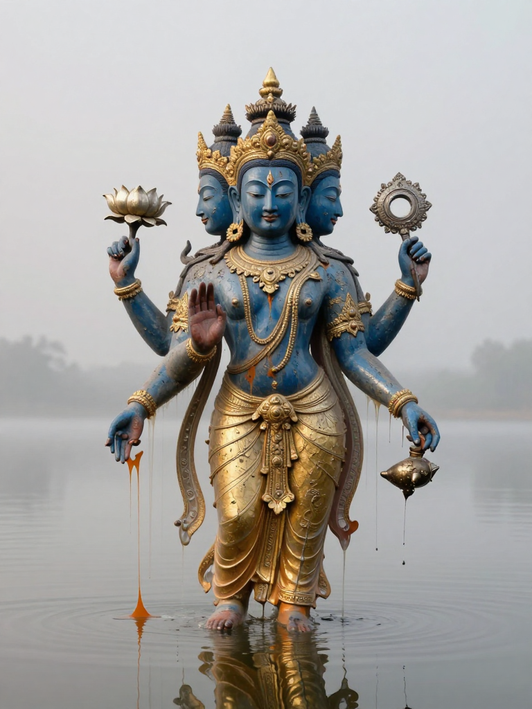 Ornate three-faced blue Hindu Vishnu statue standing waist-deep in a misty calm lake, with gilded details and sacred offer...
