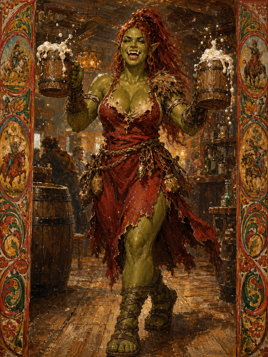 [Joyful green-skinned female orc tavern keeper holds overflowing frothy beer tankards inside a warm cozy medieval fantasy ...