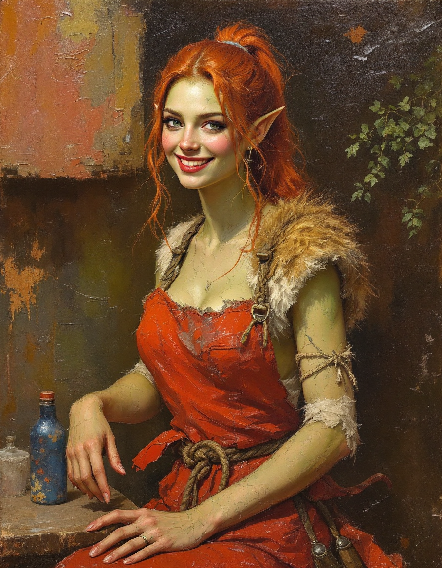 Textured oil portrait of a smiling green-skinned elven woman with bright red hair in rustic clothing next to a table of ol...