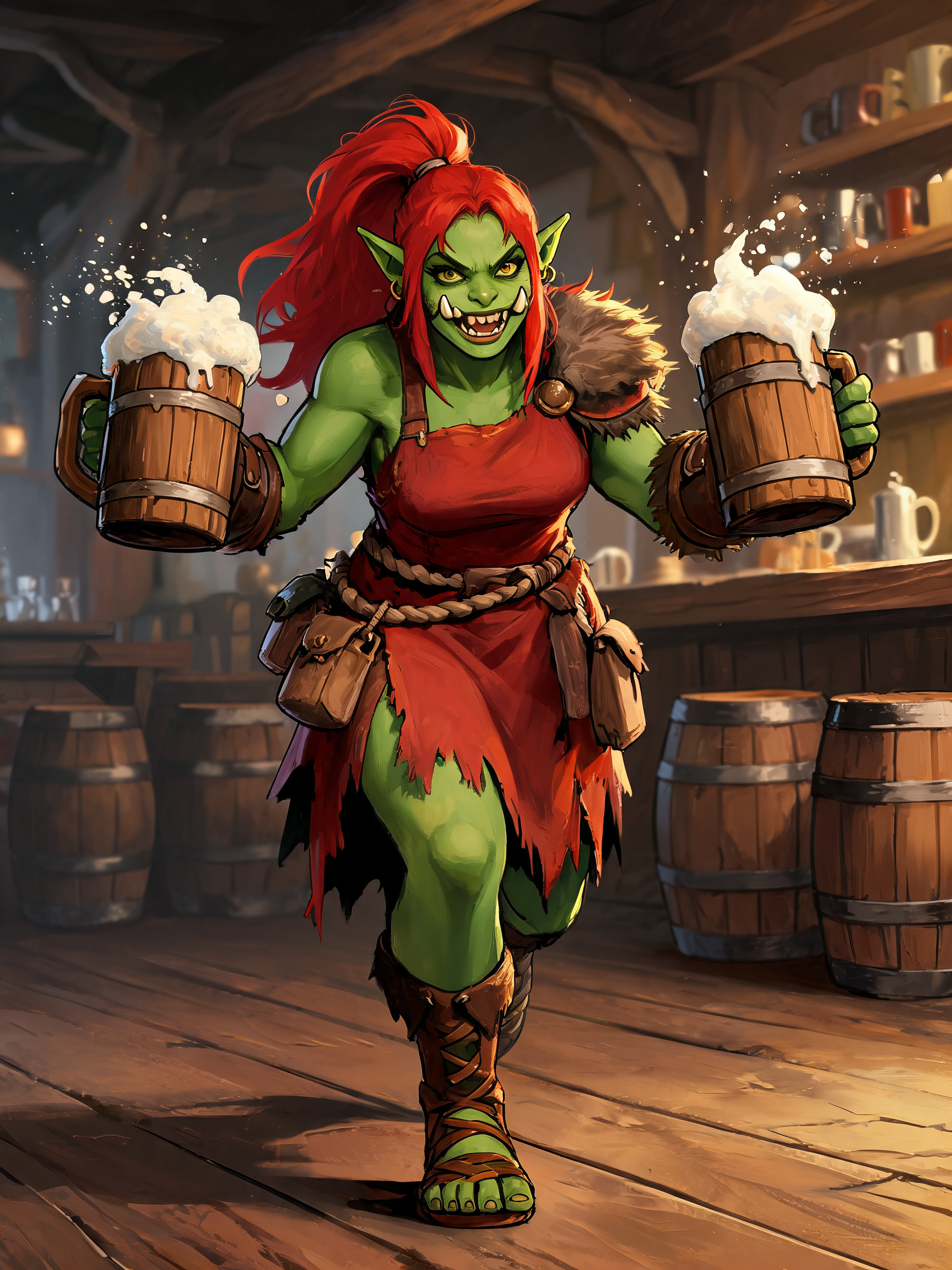 Green-skinned female orc bartender holds overflowing frothy wooden beer tankards inside a cozy rustic medieval tavern