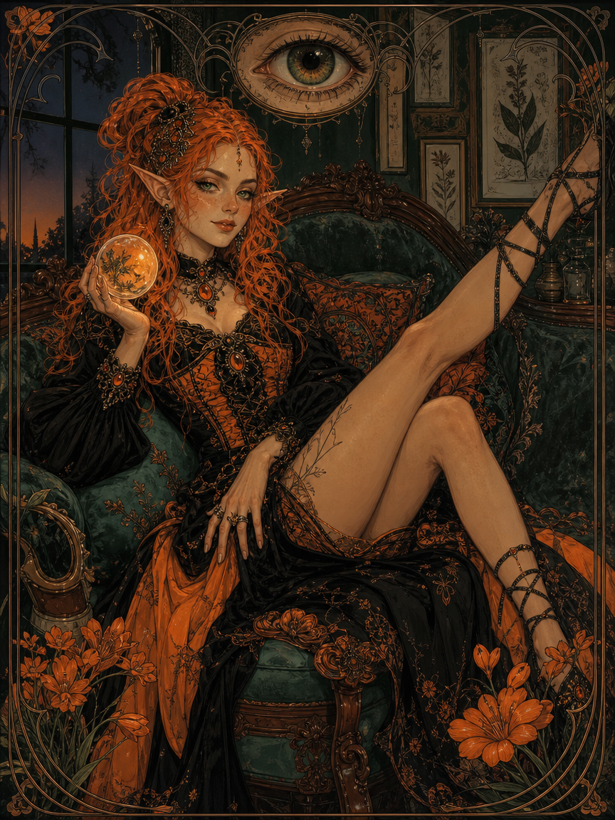 [Ornate Art Nouveau fantasy illustration of a curly red-haired elf sorceress holding a glowing crystal ball, reclining in ...