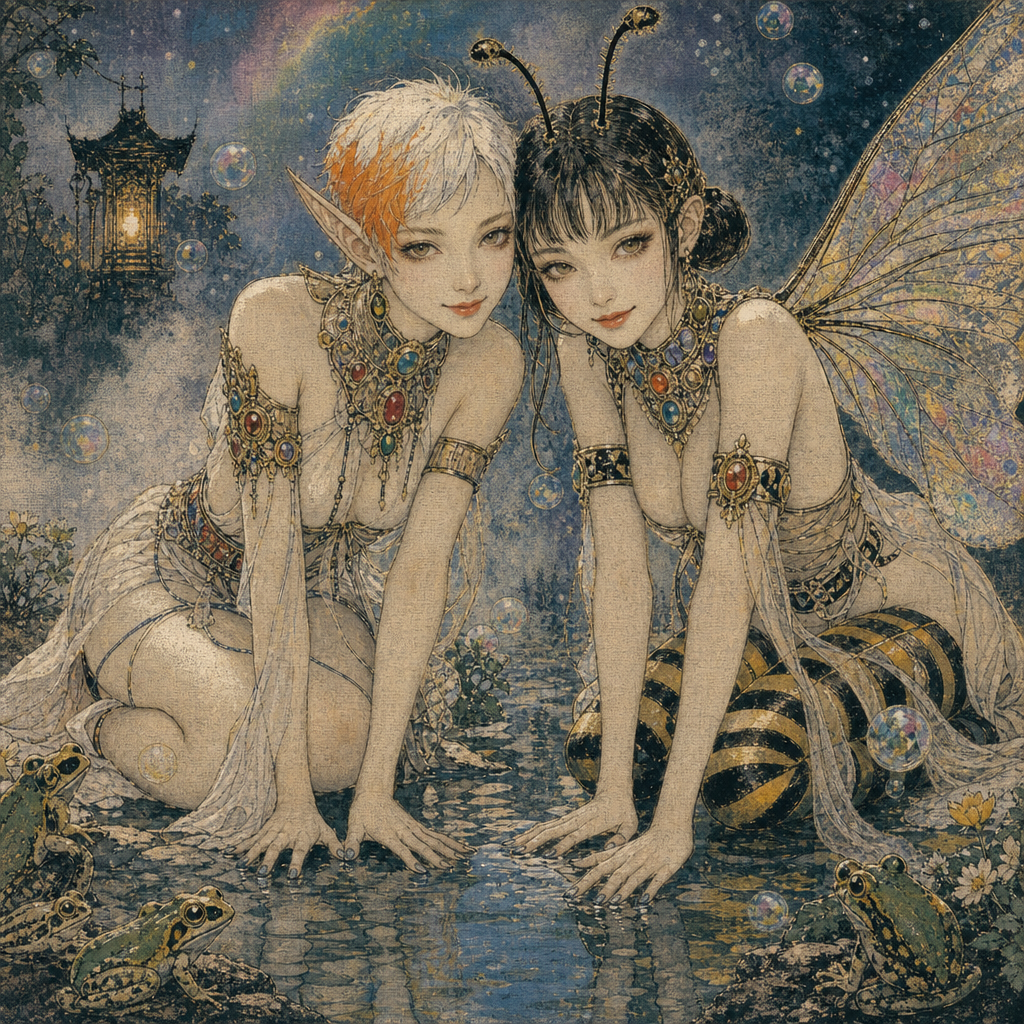 [Vintage fantasy art of an elf and bee fairy kneeling together at a misty moonlit stream surrounded by frogs and floating ...