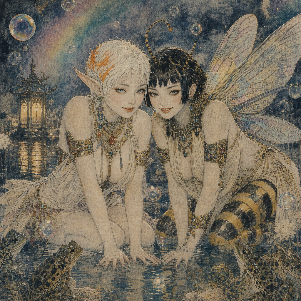 [Intricate vintage fantasy illustration of an elf and winged bee fairy kneeling at a moonlit pond with frogs and floating ...