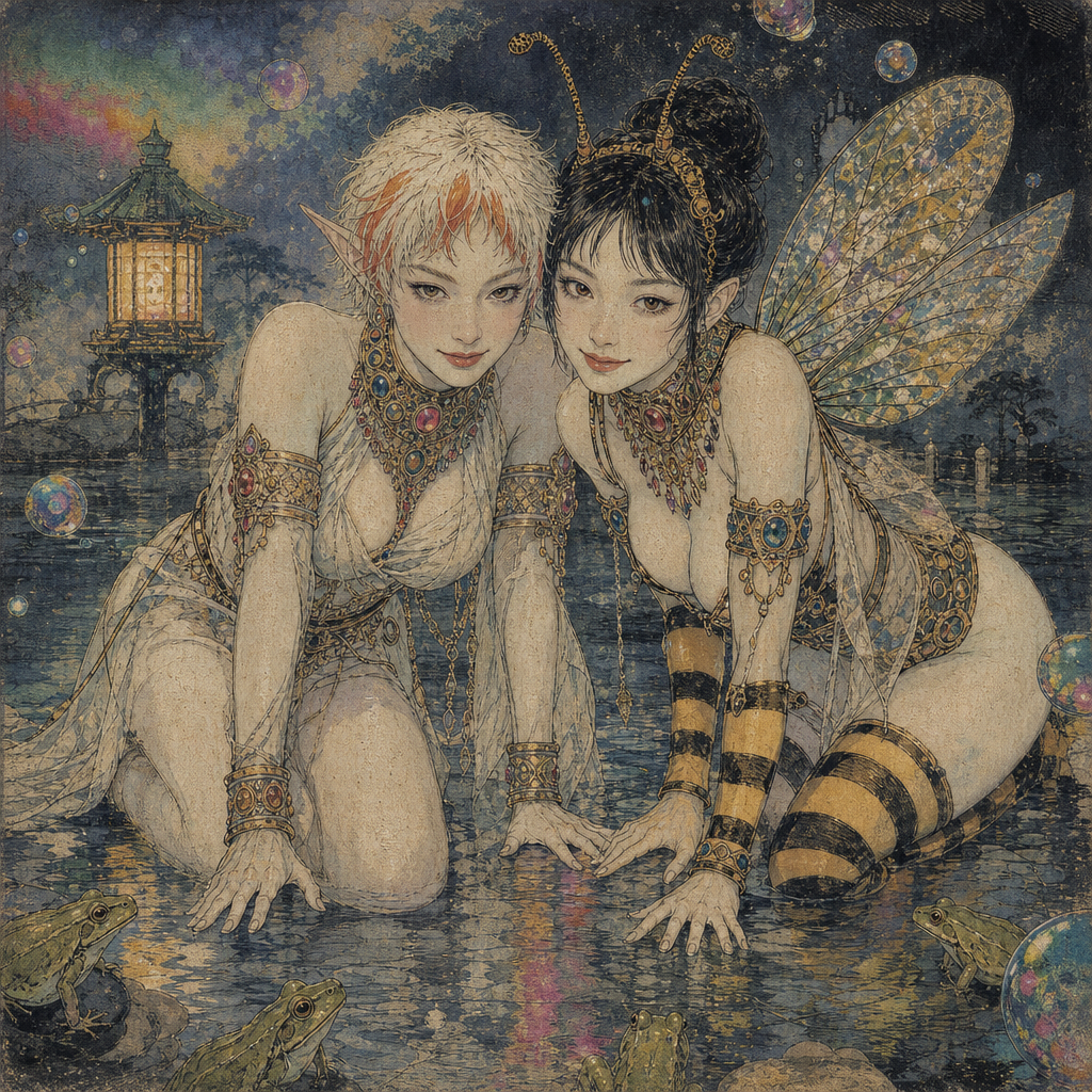 Intricate fantasy illustration of two fairy elf women kneeling in shallow moonlit water, with frogs and a glowing pagoda b...
