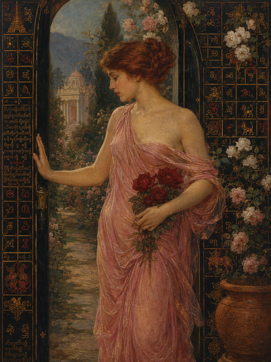 Pre-Raphaelite portrait of a red-haired woman in a pink gown holding red roses, opening an ornate door to a walled garden