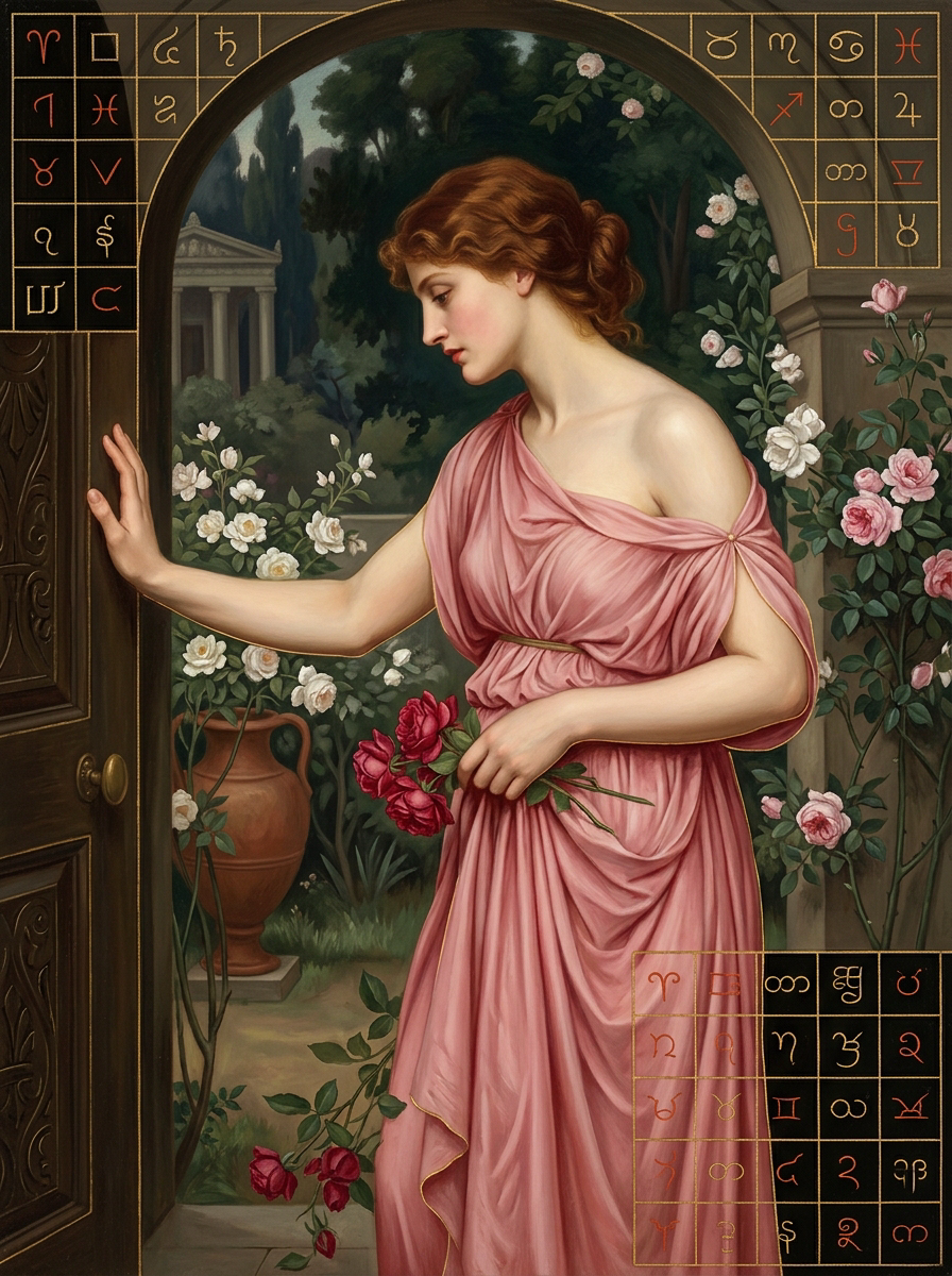 Pre-Raphaelite portrait of pensive woman in pink Grecian gown holding roses, framed by astrological symbols, opening door ...