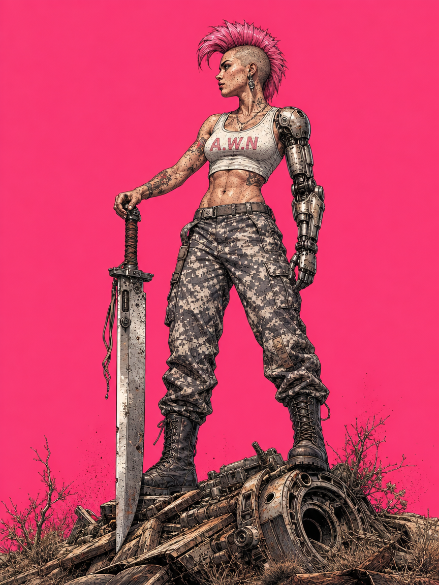 [Cyberpunk female warrior with pink mohawk, cybernetic arm, stands on scrap holding a large sword against a bright hot pin...