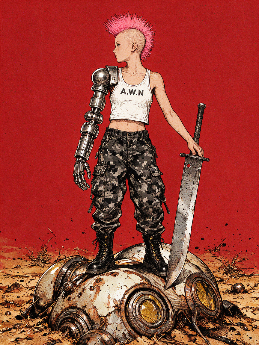 Fierce punk woman with pink mohawk and cybernetic arm stands atop wrecked robot holding a large sword against a red backgr...