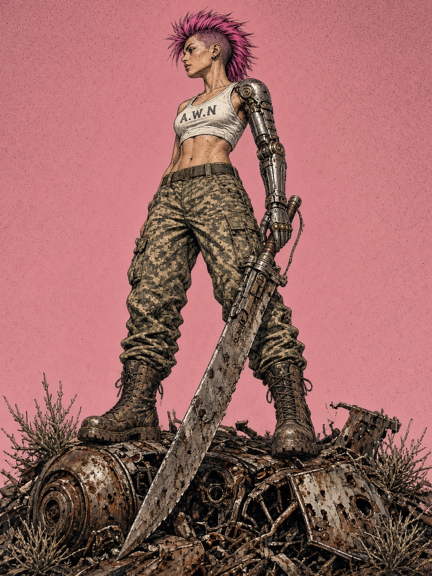 Female punk warrior with pink mohawk and cybernetic arm stands on rusted scrap holding a giant metal sword against a solid...