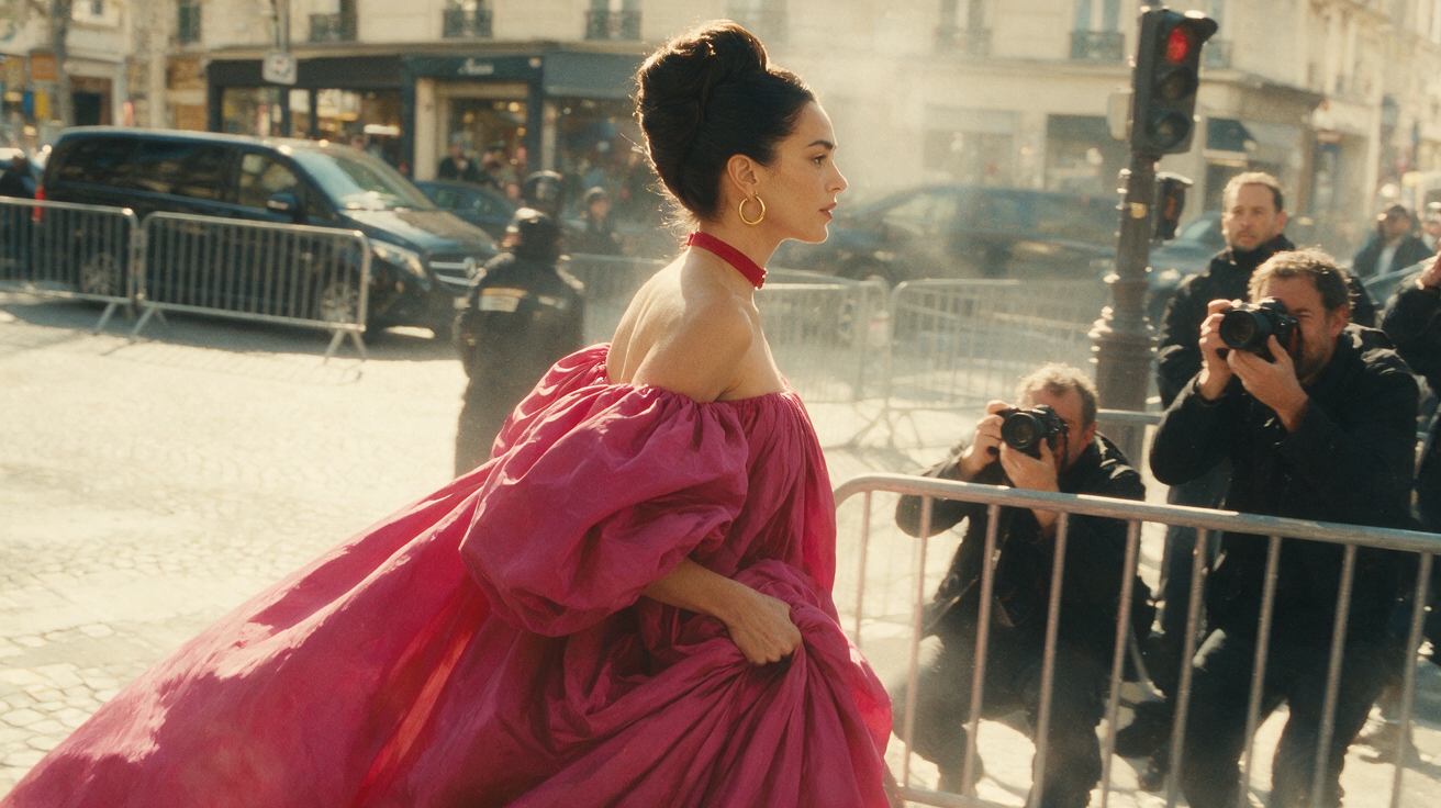 Elegant woman in voluminous fuchsia off-shoulder gown walks sunlit Paris street as paparazzi photograph her behind crowd b...