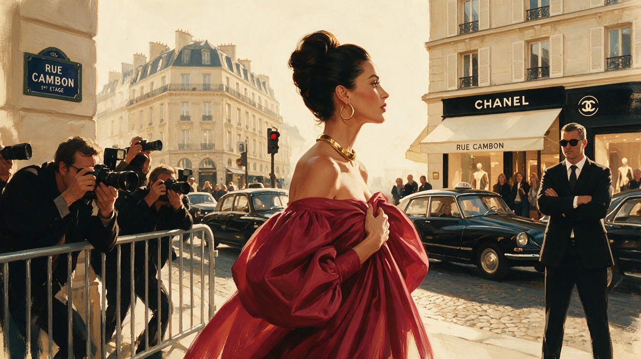 Elegant woman in red couture gown poses for paparazzi outside Chanel's Rue Cambon store in Paris