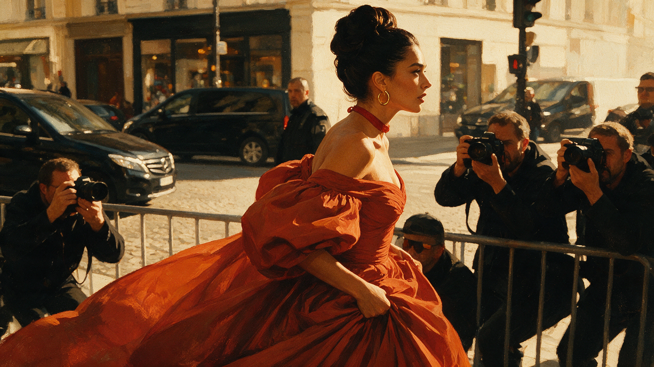 Glamorous celebrity in a dramatic rust red ballgown poses for paparazzi on a sunlit Paris city street.