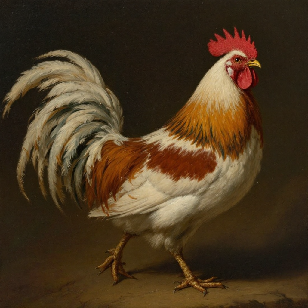 Classical oil painting of a proud domestic rooster with bright red comb, white and chestnut plumage, against a dark muted ...